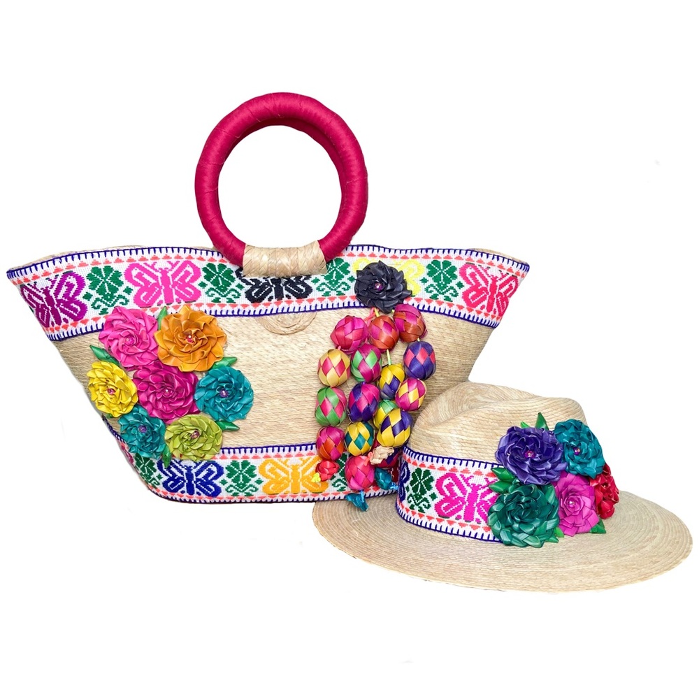 Matching Fedora & Beach Bag Set Straw Woven Embellished Floral